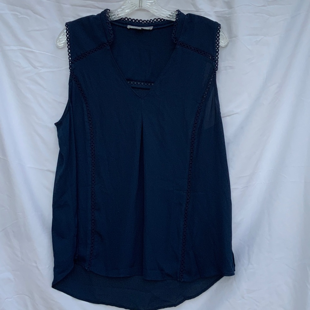 Daniel Rainn Navy Blue Sleeveless Eyelet Trim Blouse